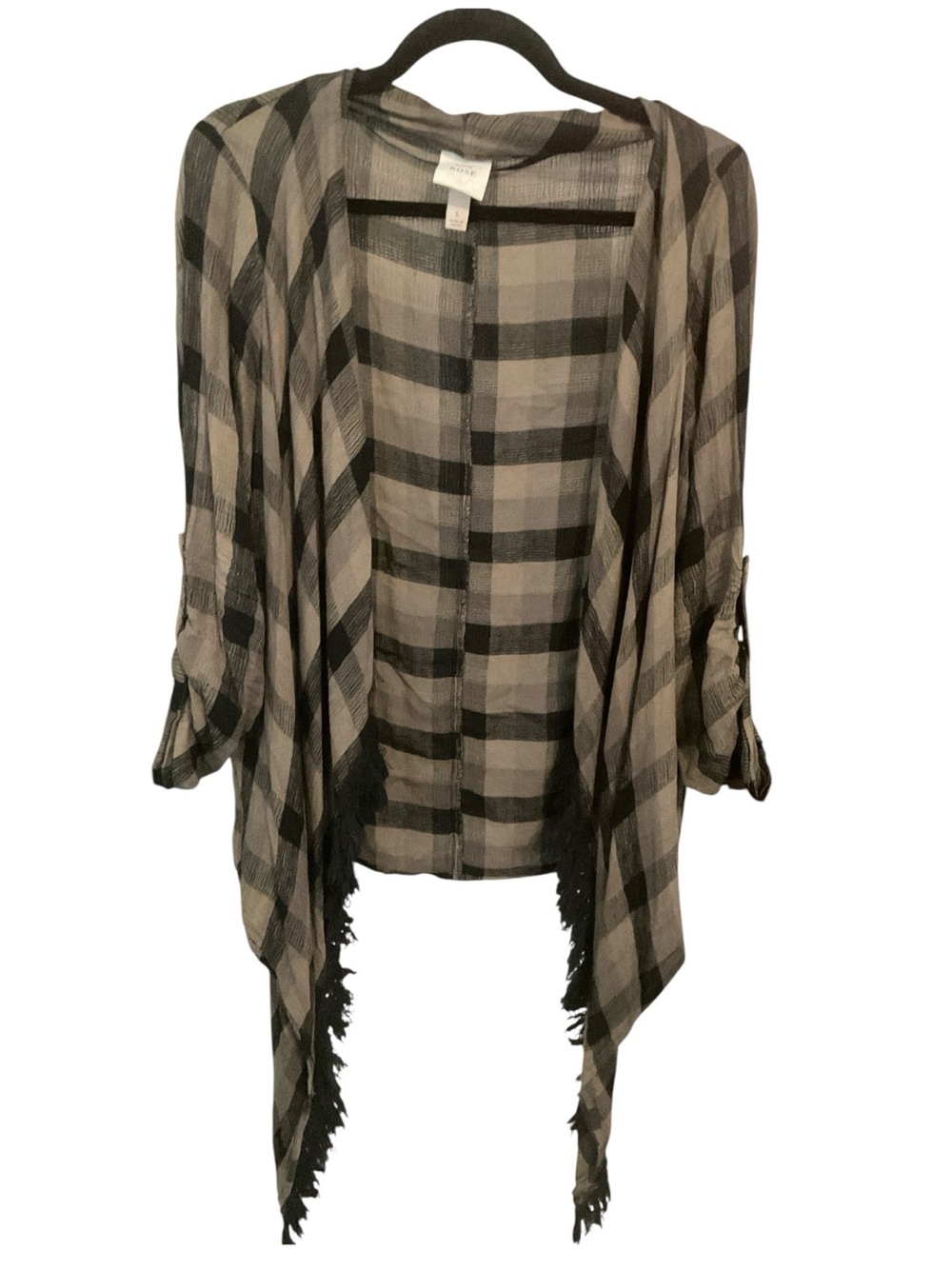 Knox Rose Plaid Frayed Hem Open Front Cardigan Kimono Top Size L A15 - Picture 2 of 5